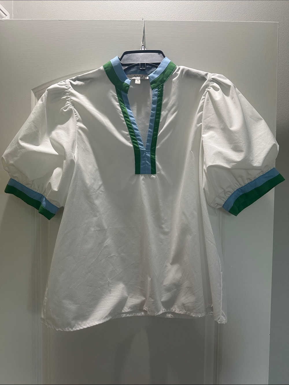 White Puff-Sleeve Poplin Blouse with Green & Blue Trim
